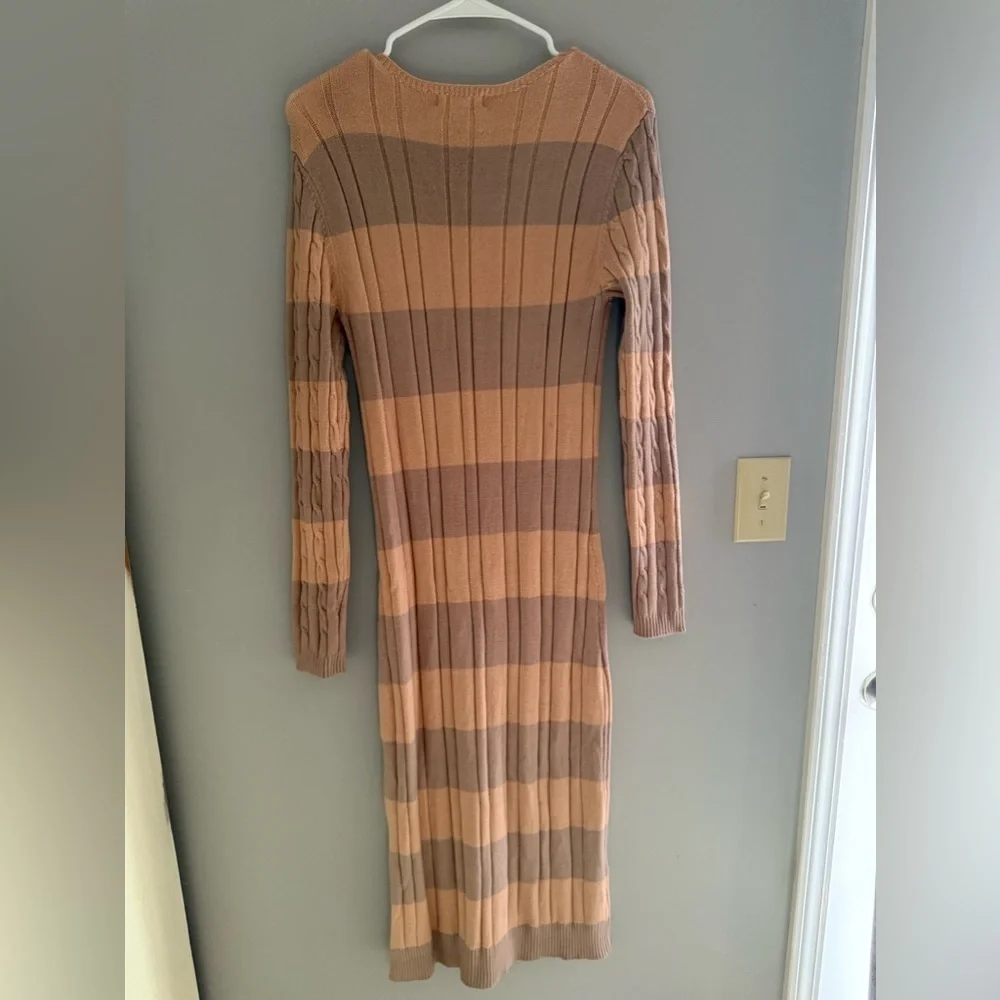 No comment Womens Sweater Dress S Brown Striped Long Sleeve Maxi V Neck New Fall